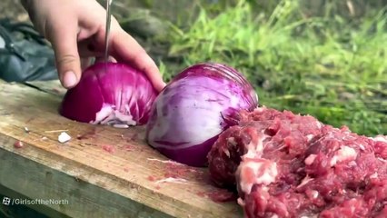 Cooking Forest Burgers with Freshly Chopped Meat and Vegetables
