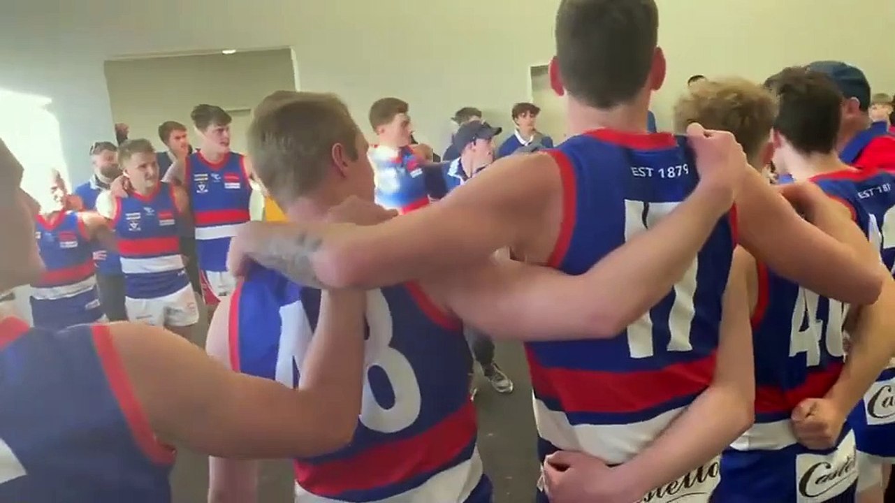 Gisborne celebrates its BFNL senior second semi-final victory over Sandhurst at the QEO