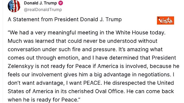 Trump su Truth: Zelensky torni quando è pronto per la pace