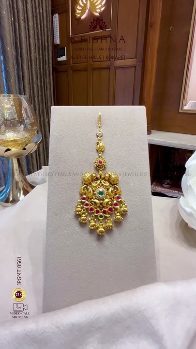 22K Gold Maang Tikka with CZ, Ruby & Emerald Pota