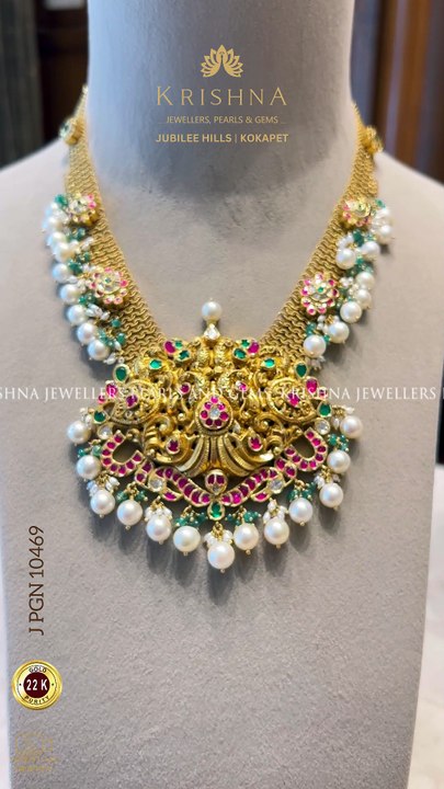 22K Gold Bridal Necklace with Ruby, Emerald & Pearl Elegance