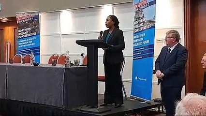On her Belfast visit, Kemi Badenoch describes Trump press conference as ‘wholly inappropriate’ and says it only helped Putin