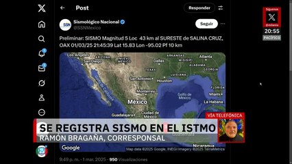 Sismo de magnitud 5 sacude el sureste de Salina Cruz, Oaxaca