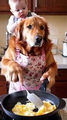"Who needs an apron when you have a dog as your cooking partner? "