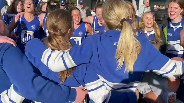 Mitiamo players and supporters celebrate their 2024 LVFNL A-grade netball premiership win