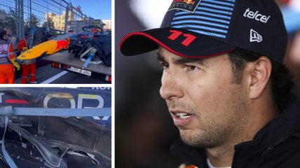 Descargar video: GP Azerbaiyán: Impactantes video del RB20 de Checo Pérez destrozado tras choque con Carlos Sainz