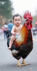 "Tiny traveler, big adventure! Baby takes a rooster for a spin. ✈️"