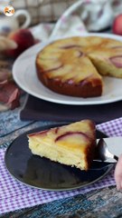 Peach upside-down cake, soft, melting and caramelized