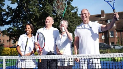 Ed Davey warms up for speech in game of tennis