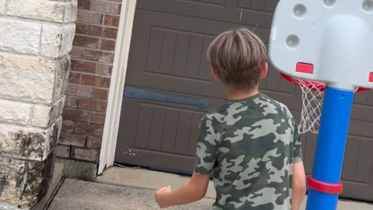 Baby brother takes a funny shortcut while copying big brother's cool trick shot