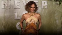 Halle Berry Glitters from All Angles in Golden Crystal Mesh Halter Gown at Never Let Go World Premiere