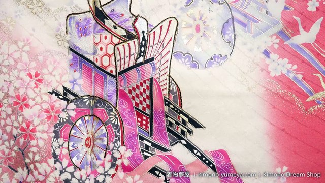 Vintage White Pink Off White Furisode with Cherry Blossoms, Ocean Waves, Goshoguruma, Cranes, Clouds - Soft High Quality Rinzu Silk Kimono For Women