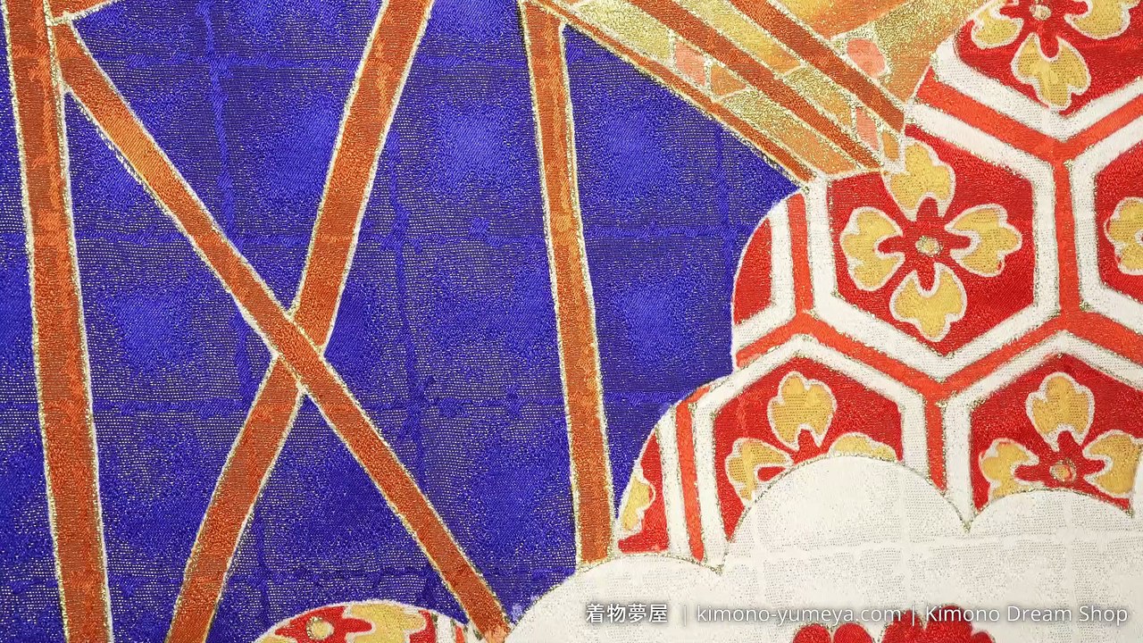 Gold Leaf Pattern Woven Into Fabric Blue Silk Furisode with Hand Painted Chrysanthemums, Umezakura, Paulownia, Kikkou, Bridges, Pine Trees, Clouds