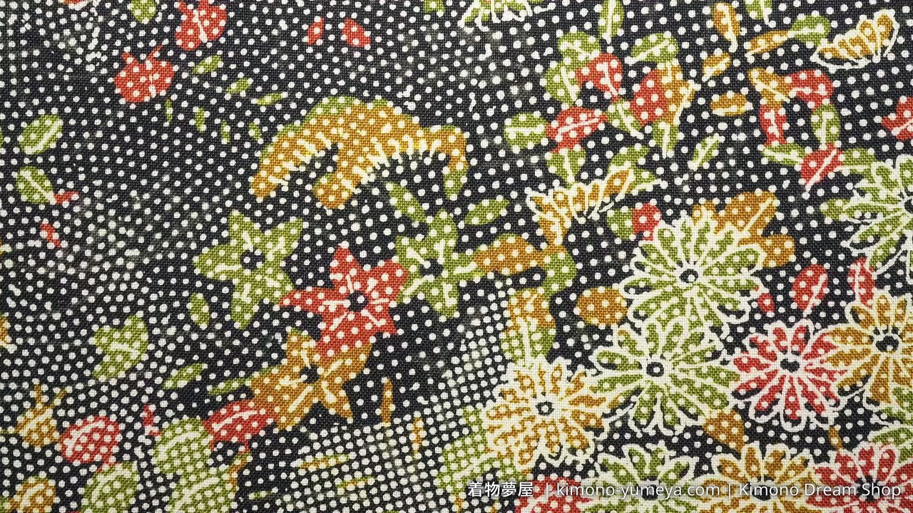 Vintage Black with White Edo Komon Komon Kimono Silk with Green Yellow Kiku, Cherry Blossoms, Clouds - Fabric Cutting Included - Kimono Dream Shop