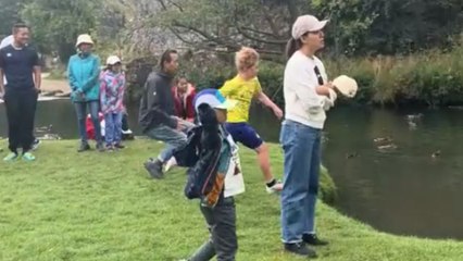 Little boy's attempt to jump the river ends in a splash