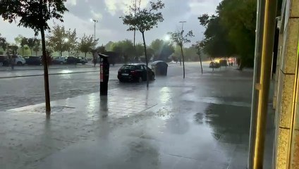 La lluvia mueves contenedores por la avenida Europa