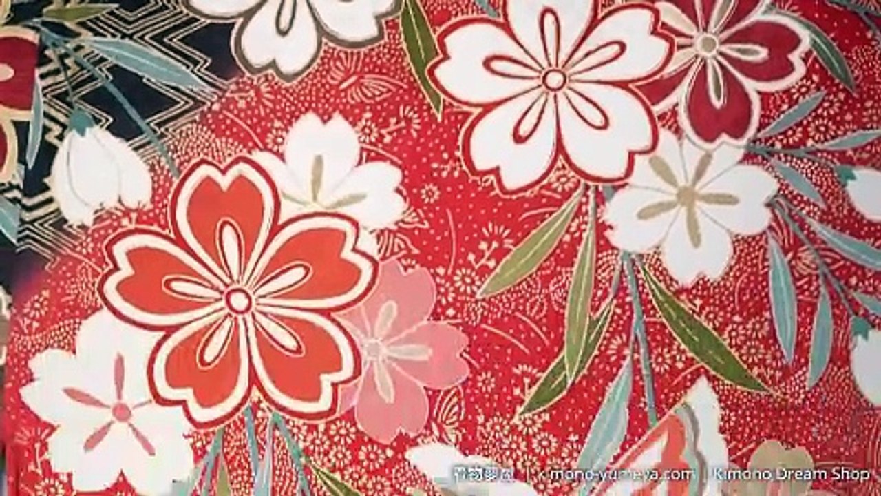 Vintage Light Red Black & Gold Furisode with Chrysanthemums, Plum Blossoms, Hishi, Stripes, Butterflies, Edo Komon Ocean Waves - Kimono For Women