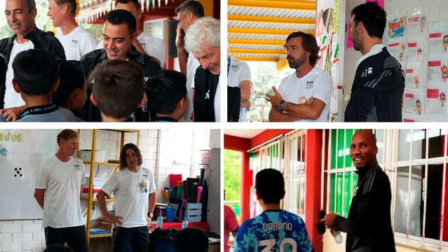 Xavi, Buffon, Pirlo, Puyol y otras leyendas visitan y juegan una cascarita con niños de una escuela en en Guadalupe, Nuevo León