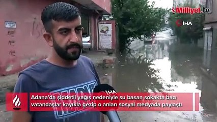 Venedik değil Adana: Su basan sokakta kayıkla gezdiler