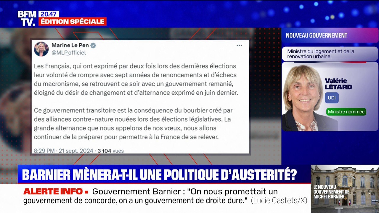 "Un gouvernement éloigné du désir de changement et d'alternance exprimé en juin dernier", Marine Le Pen réagit à la composition du gouvernement Barnier