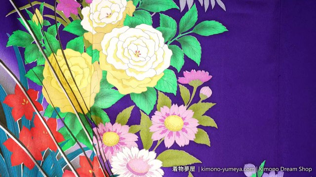 Very Soft & Smooth Purple Furisode with Chrysanthemums, Peonies, Chinese Bellflowers, Day Lilies, Tulips - Vintage Silk Women’s Kimono