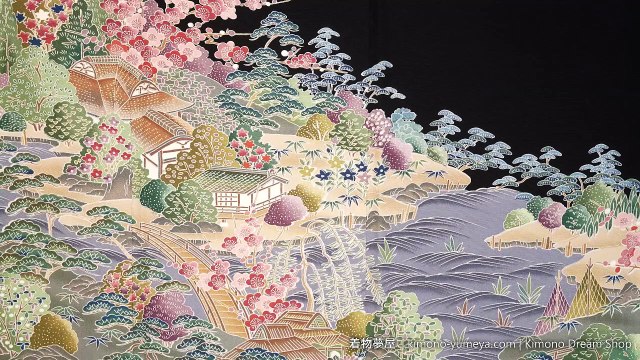 Vintage Kurotomesode with Ancient Scenery of Japan - Kiku, Umezakura, Kikyou, Take no Ha, Kaede, Matsu, Village - Vintage Silk Kimono For Women