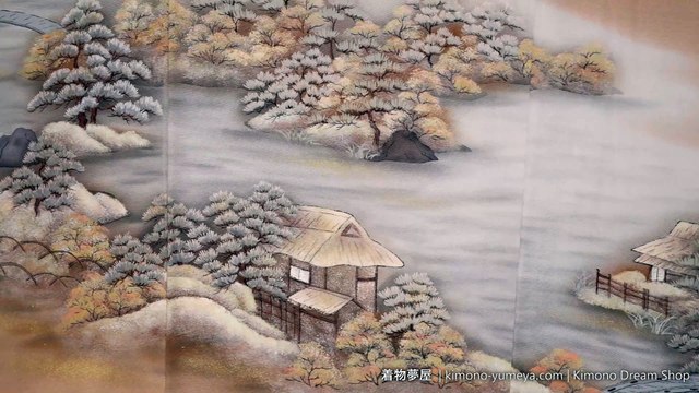 Ancient Japanese Oceanside Village Light Brown Houmongi with Hand Painted Pine Trees, Rocks - Kamon Family Crest - Piece of Art Chirimen Silk Kimono