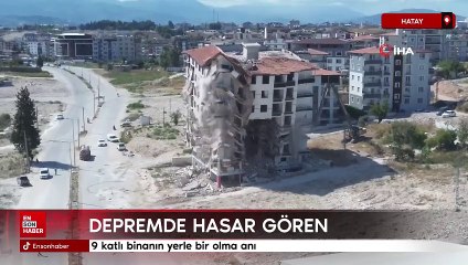 Hatay'da 9 katlı binanın yerle bir olma anı