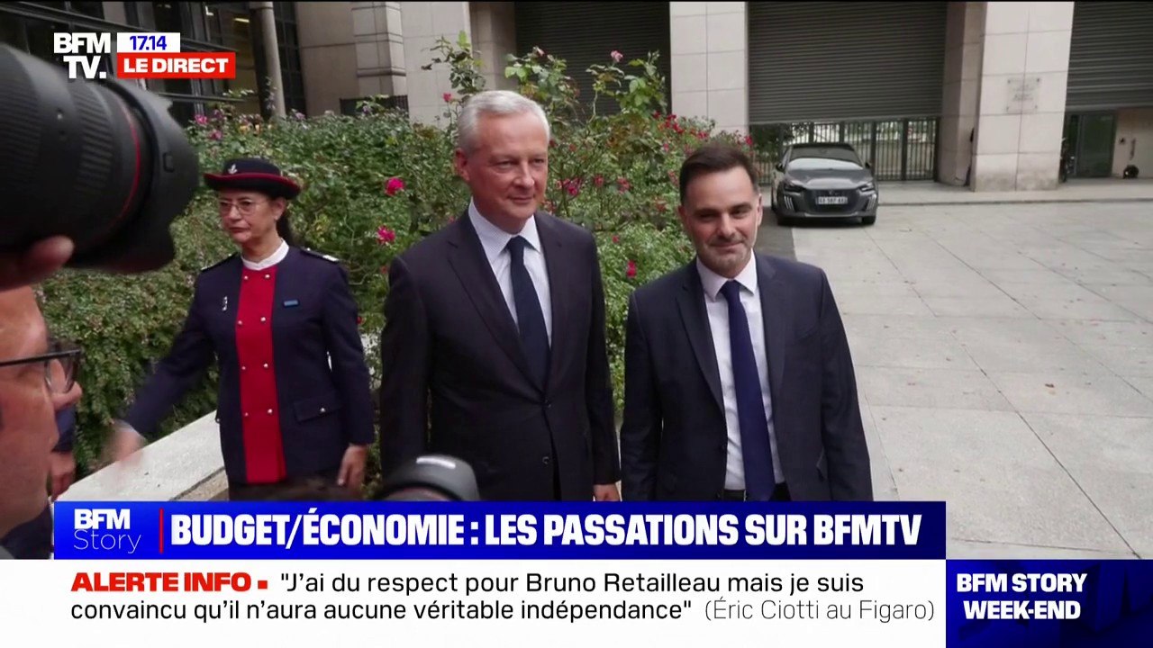 L'arrivée de Bruno Le Maire et Laurent Saint-Martin, nouveau ministre du Budget, pour la passation de pouvoirs