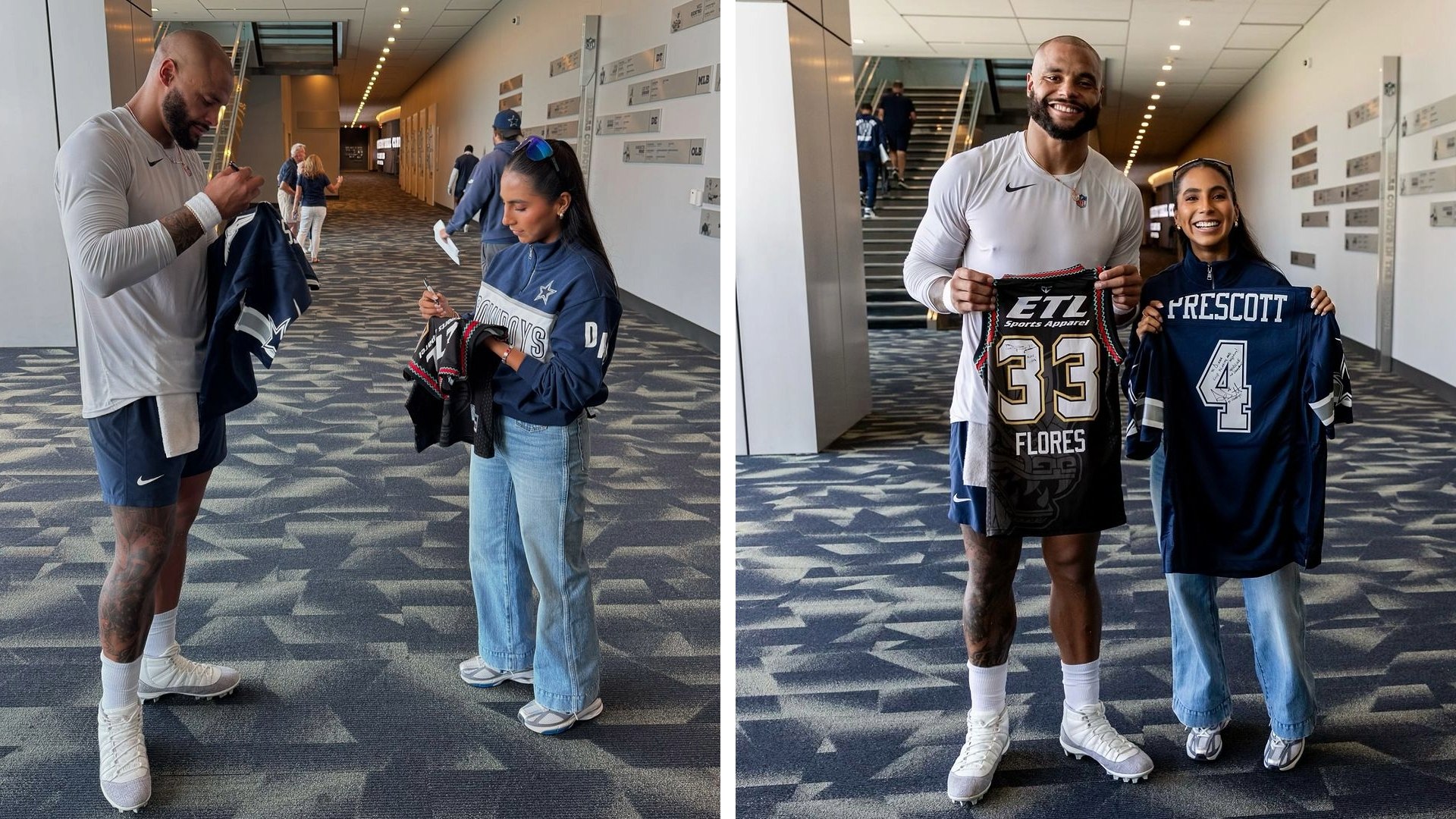 Diana Flores intercambia jersey con Adam Prescott previo al Baltimore Ravens vs. Dallas Cowboys de NFL