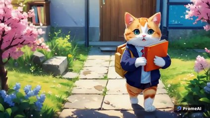 Um gato fofo andando para a escola com livros na mão na primavera - PARTE 1