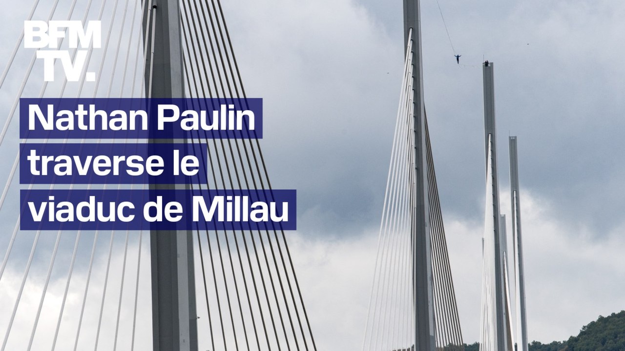 Le funambule Nathan Paulin traverse le viaduc de Millau à plus de 300 mètres au-dessus du sol