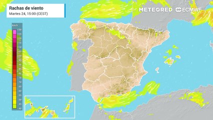 Rachas de viento en la península y Baleares.