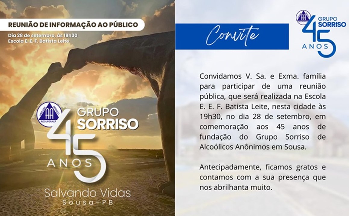 Grupo "Sorriso" de Alcoólicos Anônimos, de Sousa, completa 45 anos e convida população para evento