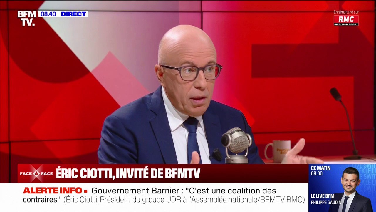 Censure du gouvernement Barnier: "Je ne m'interdis rien mais nous ne voterons pas la motion de censure de LFI", affirme Éric Ciotti