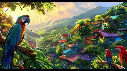 In the leafy branches high above,Colorful parrots sing of love.