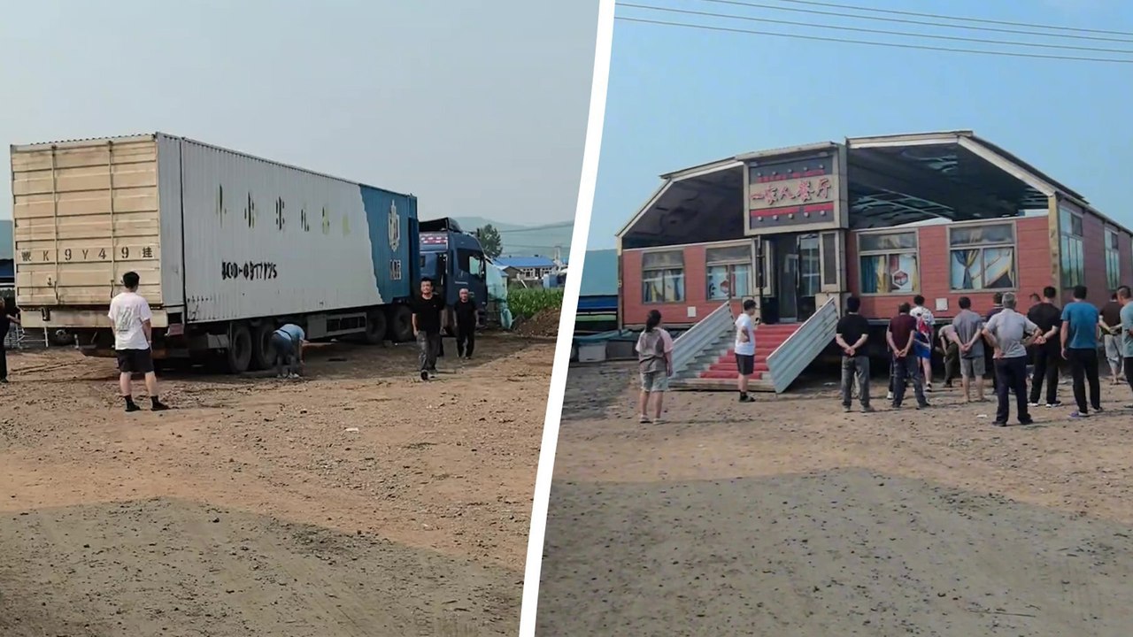 Ein gewöhnlicher lkw verwandelt sich in ein voll funktionsfähiges restaurant mit einer fläche von 100 metern