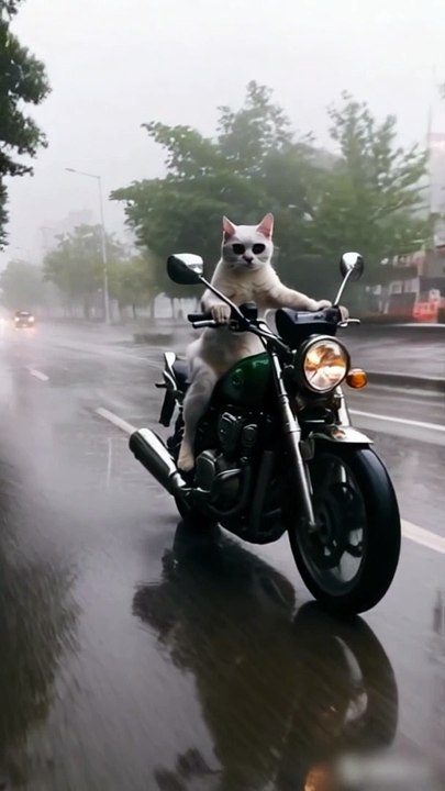 "Biker cats taking over the road—rain can't stop them! "