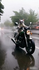 "Biker cats taking over the road—rain can't stop them! "