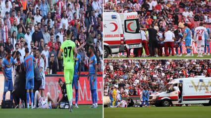 下载视频: Footballer is taken off the pitch in an ambulance in worrying scenes after falling unconscious in the FIRST MINUTE of a Turkish Super Lig clash