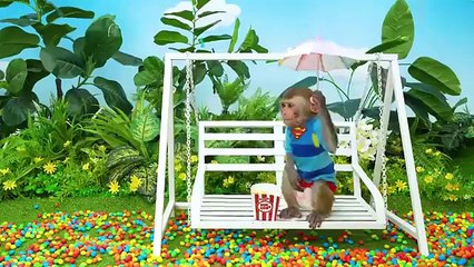 Monkey Baby Bon Bon bought milk bottle jelly at the supermarket and goes swimming with duckling