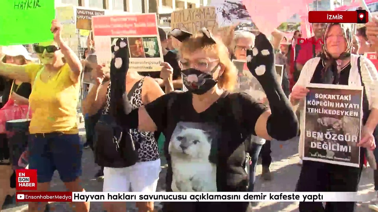 İzmir'de hayvan hakları savunucusu açıklamasını demir kafeste yaptı