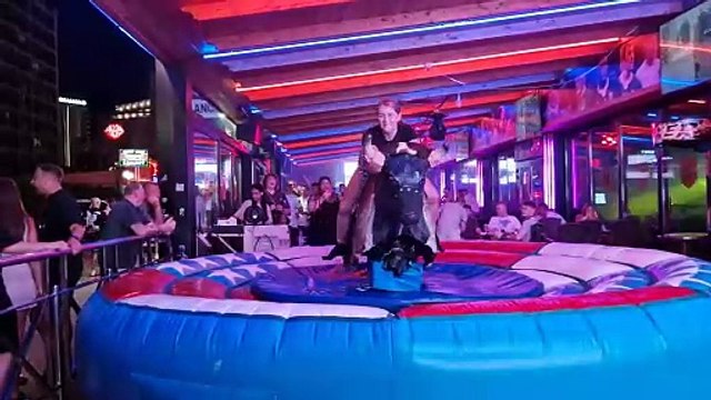 OMG  Funny Girl FAIL on a Ride Bull in Benidorm! Mechanical Bull Spain 4K 2024