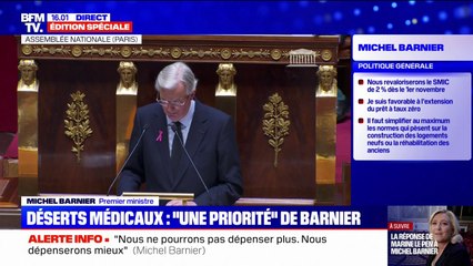 Déserts médicaux: "Le temps est révolu où l'on avait la crainte de former trop de médecins", affirme Michel Barnier lors de son discours de politique générale