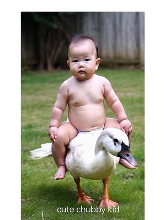 cute kid riding on goose