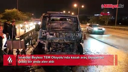 İstanbul TEM Otoyolu'nda çekici yangını! Kazalı araç taşıyordu...
