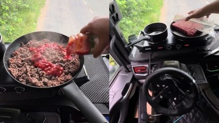 Trucker's epic set up - he cooks full lasagne from scratch on own dashboard