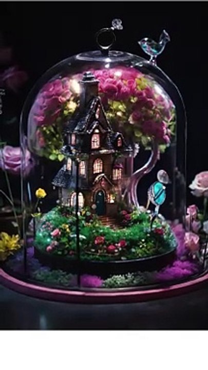 قبة زجاجية منزل تيم برتون تصميم غريب عشب أخضر صوف مُعالج أحجار لامعة قاعدة وردية فن مميز