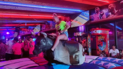 MUST SEE! Girl RIDE Mechanical Bull in Benidorm! Spain Rodeo 2024 in 4K 4