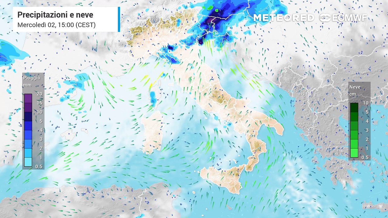 Mappa relativa a nubi e piogge previste nelle prossime ore